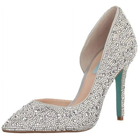 BNWTIB!Blue by Betsey Johnson,SB-HAZIL Silver Satin Rhinestone D'Orsay Stilettos - Picture 4 of 16